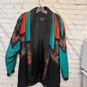 Vintage 80s 90s Leather Patchwork Coat Teal Red Floral Boho Duster Jacket M